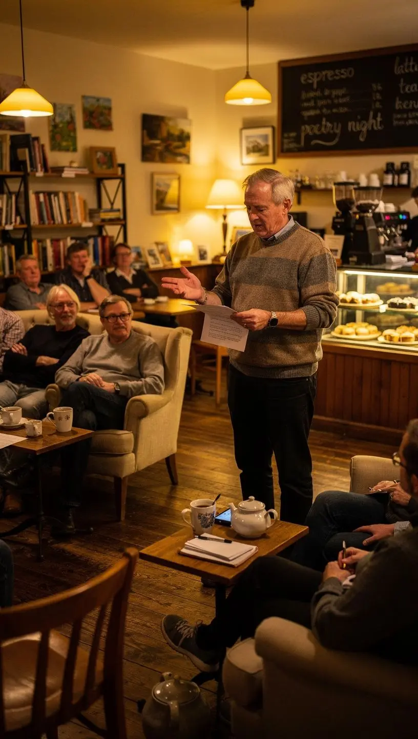Community members discussing books in a cozy setting